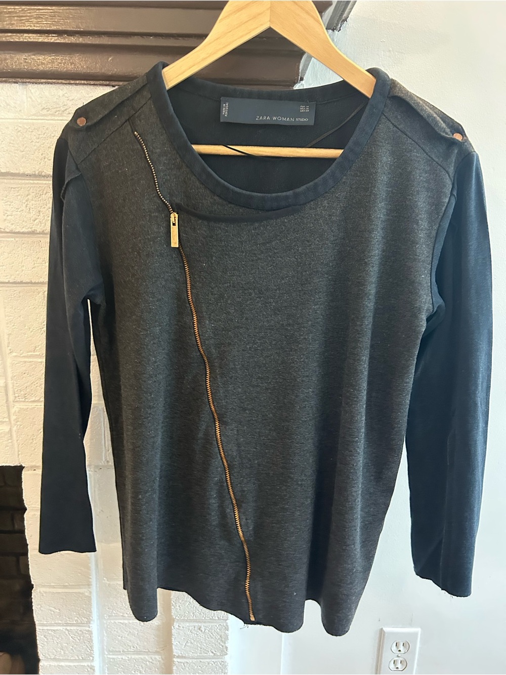 Zara Woman Charcoal Grey Long Sleeve Top with Gold Zip Accent